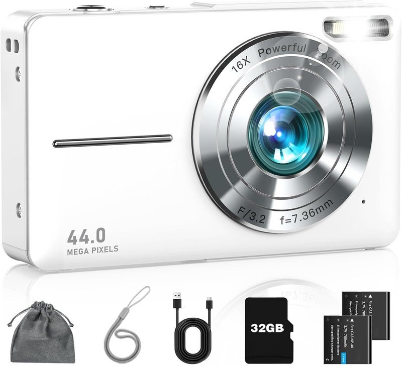 Lecran كاميرا رقمية، كاميرا أطفال FHD 1080P كاميرا نقطة وتصوير مع زوم 16X مضاد للاهتزاز، كاميرا صغيرة مدمجة للمبتدئين الأطفال الطلاب الفتيات الأولاد (أبيض لؤلؤي) - Image 1